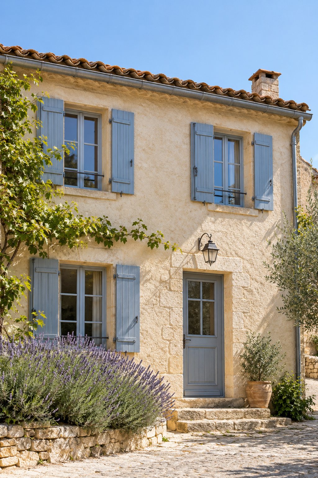 Façade d’une maison provençale aux murs clairs et aux volets bleu-gris. Image générée, à titre d’illustration.