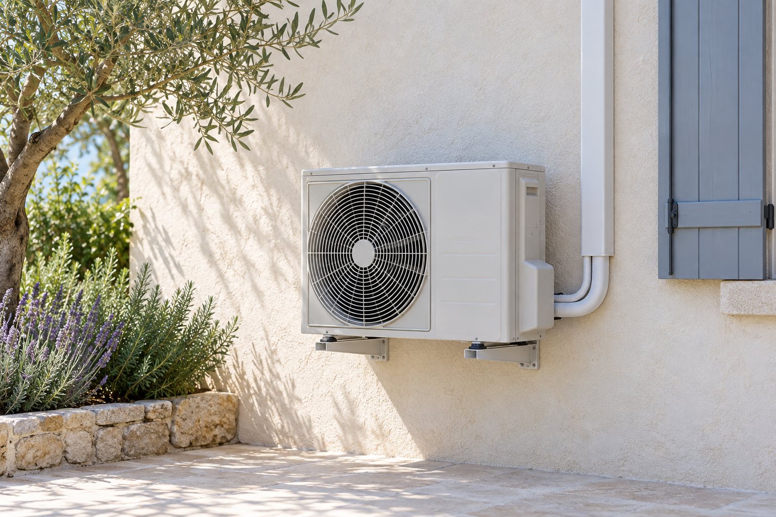 Groupe extérieur de climatisation fixé sur le mur d’une maison provençale, près d’un olivier et de lavandes. Image générée, à titre d’illustration.