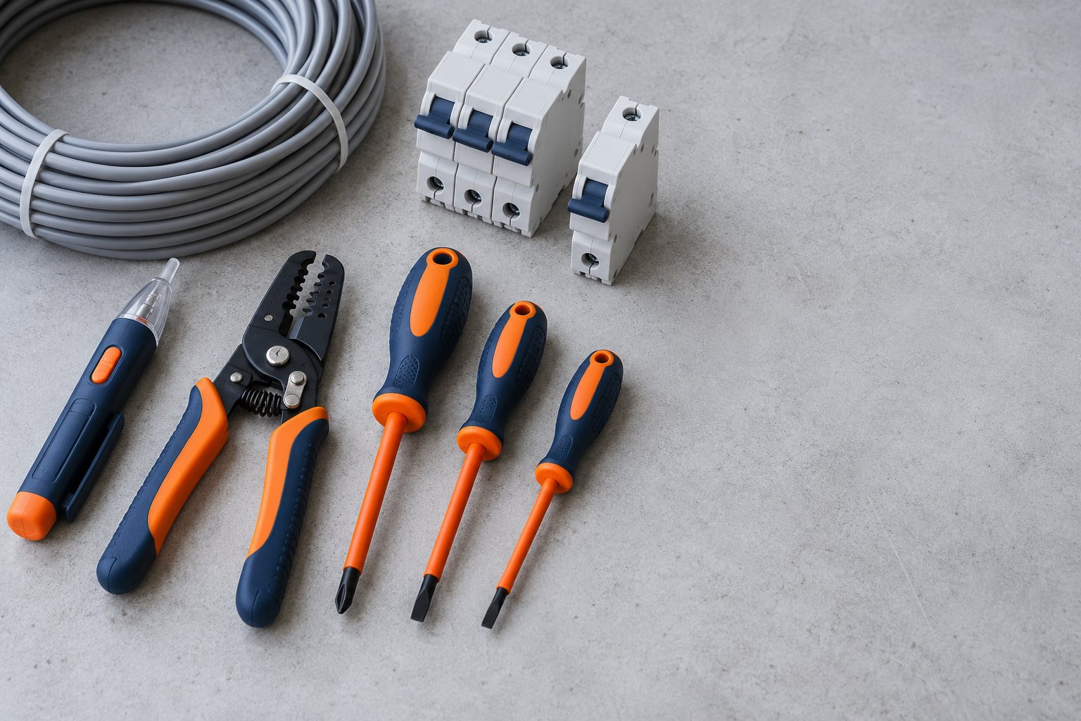 Outils d’électricien posés sur un établi : testeur, pince à dénuder, tournevis isolés, câble et disjoncteurs. Image générée, à titre d’illustration.