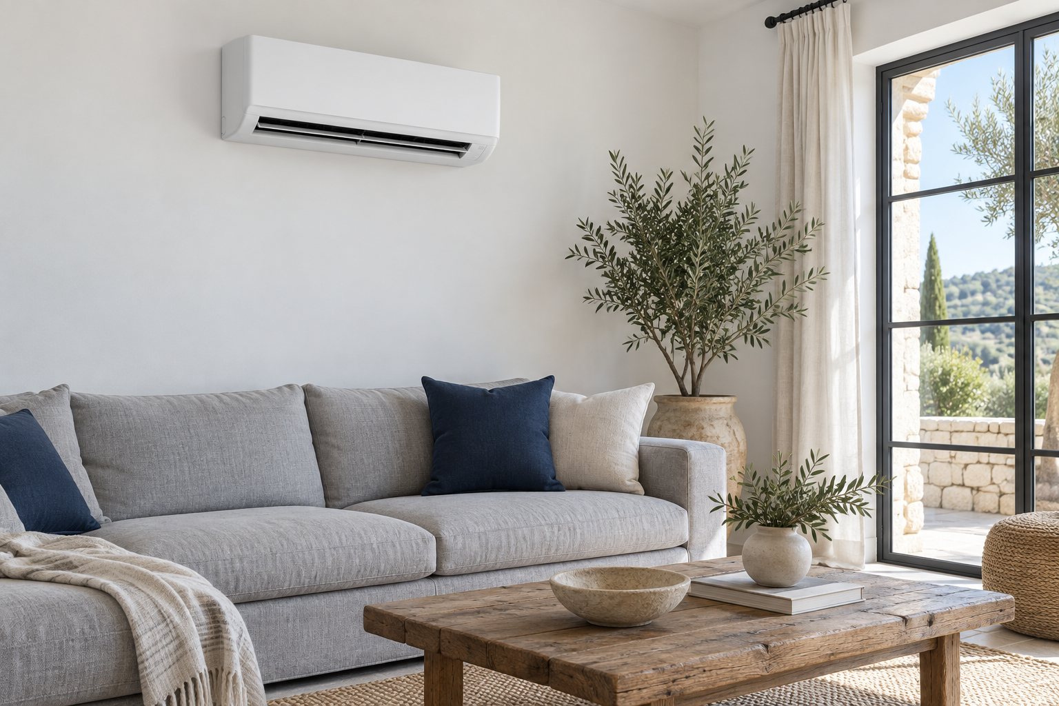 Climatiseur split mural blanc fixé au-dessus d’un canapé gris dans un salon lumineux. Image générée, à titre d’illustration.